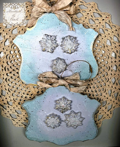 Handcrafted, laser cut MDF, Decoupage, Mixed Media, Christmas Ornaments, Winter Scenes Handmade by Pamela