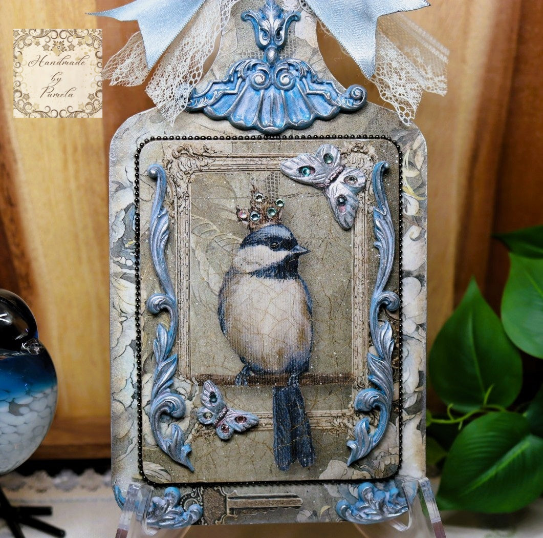 Handcrafted, Shabby Chic, Blue Bird, Queen, Decoupage, Mixed Media, Plaque, Wall Art, Panel, MDF Cutting Board, Plaque, Home Decor