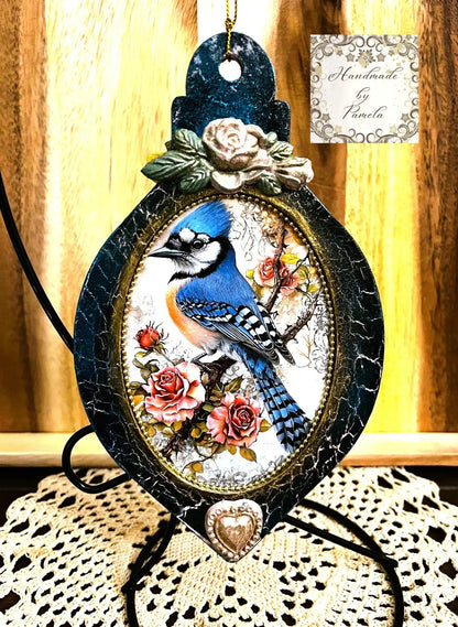 Handcrafted, Decoupage, Mixed Media, Ornament, Blue Jay, Bird, Roses, Christmas, Shabby Chic, Home Decor, Holiday, Reversable Handmade by Pamela