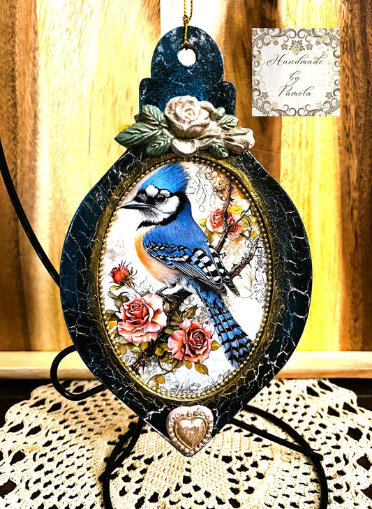 Handcrafted, Decoupage, Mixed Media, Ornament, Blue Jay, Bird, Roses, Christmas, Shabby Chic, Home Decor, Holiday, Reversable