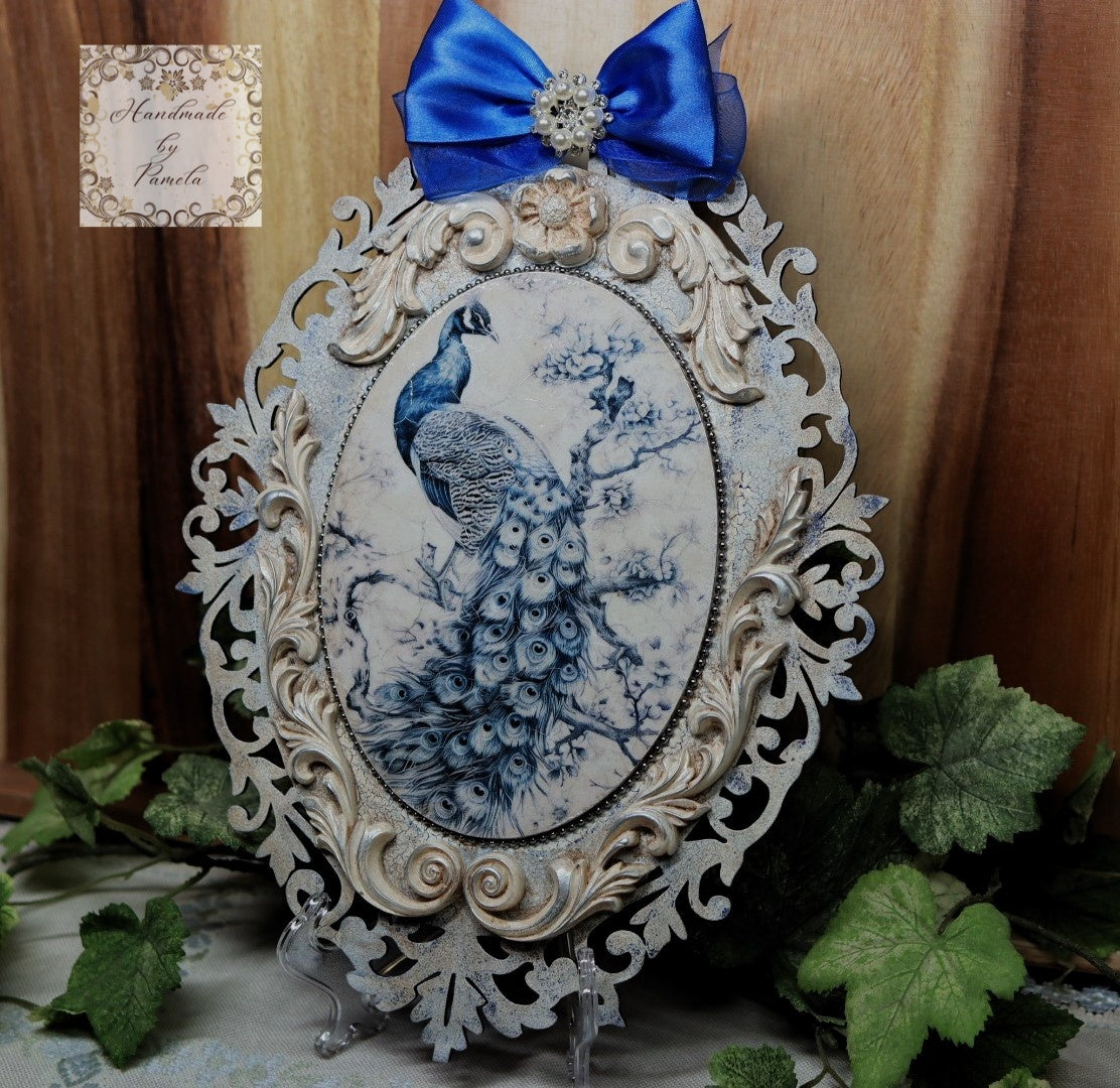 Handcrafted, Mixed Media, Decoupage, Plaque, Wall Art, Laser Cut MDF, Blue, White, Peacock, Wall Art, Vintage, Shabby Chic Style