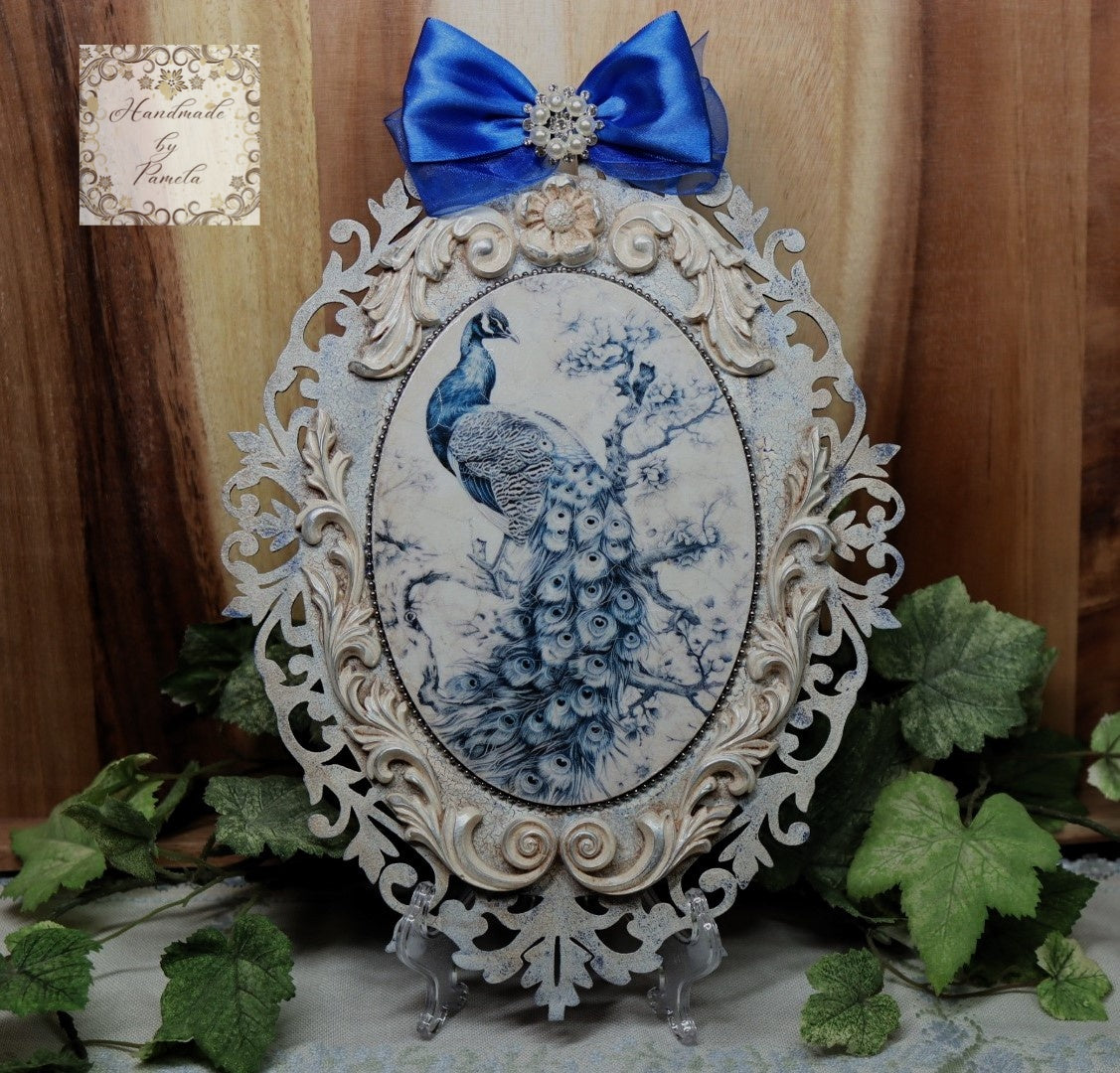 Handcrafted, Mixed Media, Decoupage, Plaque, Wall Art, Laser Cut MDF, Blue, White, Peacock, Wall Art, Vintage, Shabby Chic Style