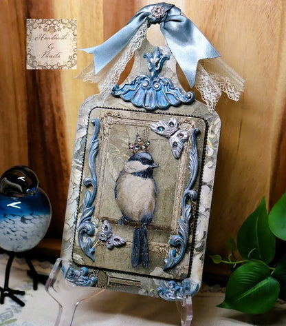 Handcrafted, Shabby Chic, Blue Bird, Queen, Decoupage, Mixed Media, Plaque, Wall Art, Panel, MDF Cutting Board, Plaque, Home Decor Handmade by Pamela
