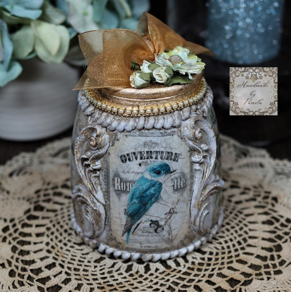 Handcrafted, Decoupage, Mixed Media, Jar with Lid, Blue Birds, Vintage, Shabby Chic Style