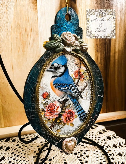 Handcrafted, Decoupage, Mixed Media, Ornament, Blue Jay, Bird, Roses, Christmas, Shabby Chic, Home Decor, Holiday, Reversable Handmade by Pamela