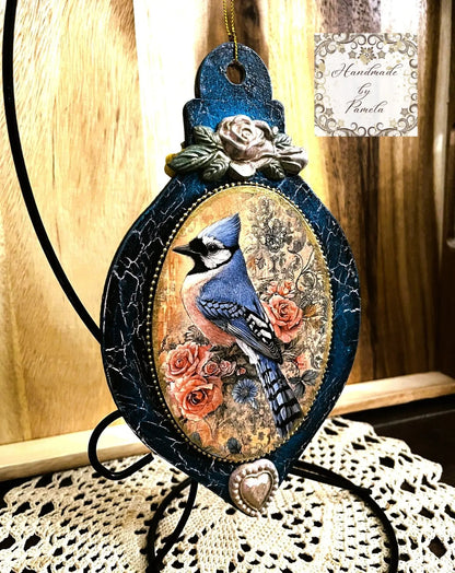 Handcrafted, Decoupage, Mixed Media, Ornament, Blue Jay, Bird, Roses, Christmas, Shabby Chic, Home Decor, Holiday, Reversable Handmade by Pamela
