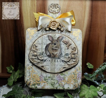 Handcrafted, Bunny Rabbit, Decoupage, Mixed Media Plaque, Wall, Table Top Art, MDF Cutting Board Handmade by Pamela