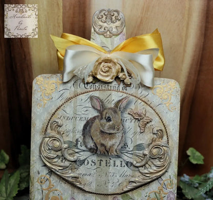 Handcrafted, Bunny Rabbit, Decoupage, Mixed Media Plaque, Wall, Table Top Art, MDF Cutting Board Handmade by Pamela