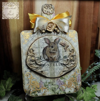 Handcrafted, Bunny Rabbit, Decoupage, Mixed Media Plaque, Wall, Table Top Art, MDF Cutting Board Handmade by Pamela