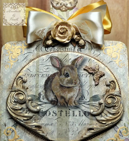Handcrafted, Bunny Rabbit, Decoupage, Mixed Media Plaque, Wall, Table Top Art, MDF Cutting Board Handmade by Pamela
