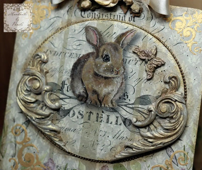 Handcrafted, Bunny Rabbit, Decoupage, Mixed Media Plaque, Wall, Table Top Art, MDF Cutting Board Handmade by Pamela