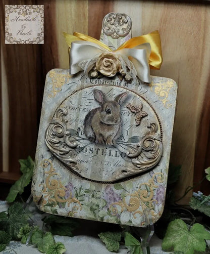 Handcrafted, Bunny Rabbit, Decoupage, Mixed Media Plaque, Wall, Table Top Art, MDF Cutting Board Handmade by Pamela
