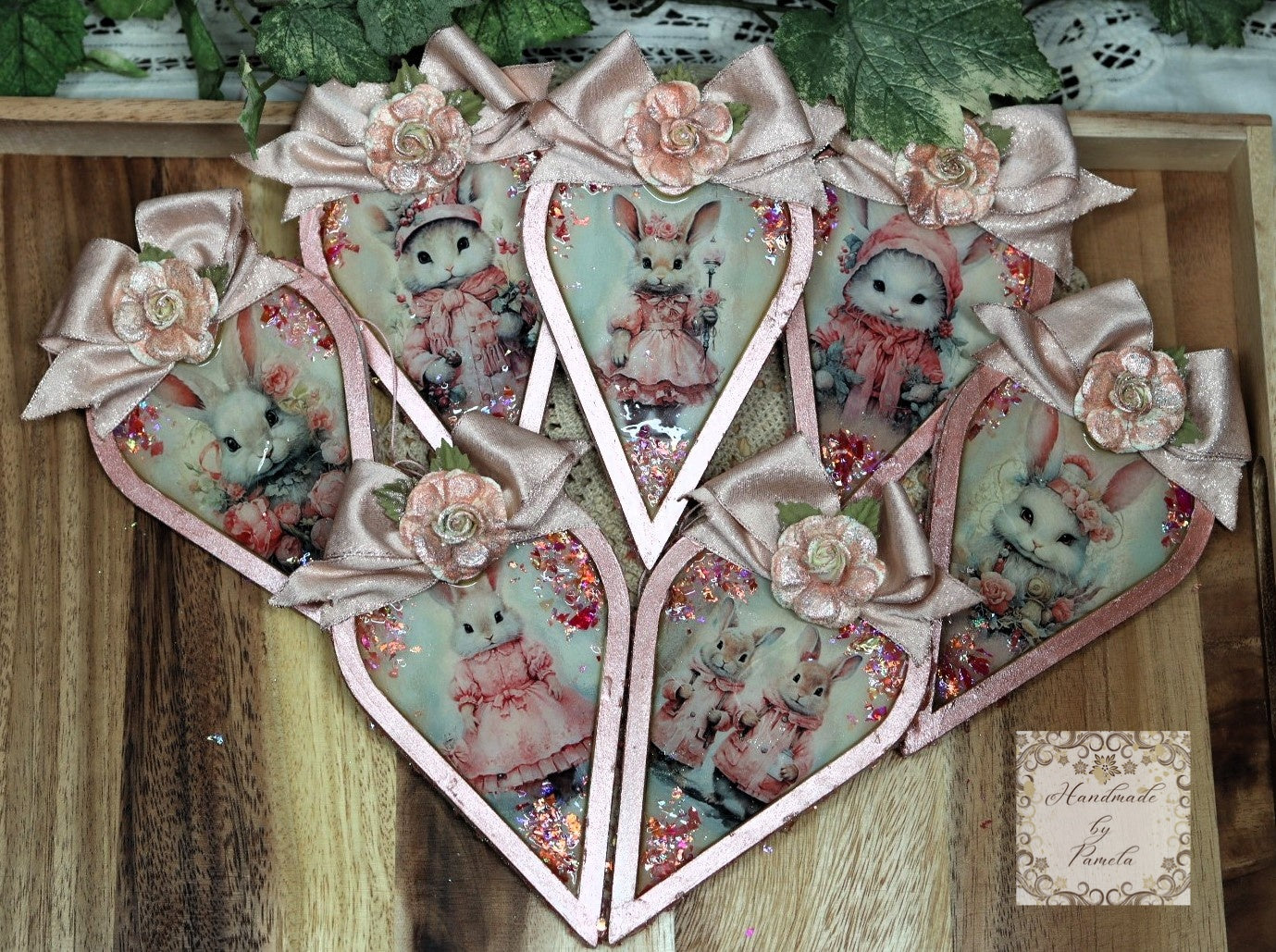 Handcrafted, Laser Cut MDF, Shabby Chic, Decoupage, Mixed Media, Pink Heart Ornament Set of 7, Vintage Style, Bunnies, Bunny Ornament Set 7