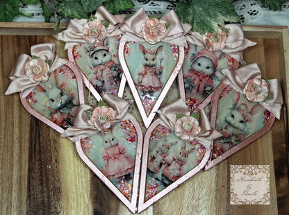 Handcrafted, Laser Cut MDF, Shabby Chic, Decoupage, Mixed Media, Pink Heart Ornament Set of 7, Vintage Style, Bunnies, Bunny Ornament Set 7 Handmade by Pamela