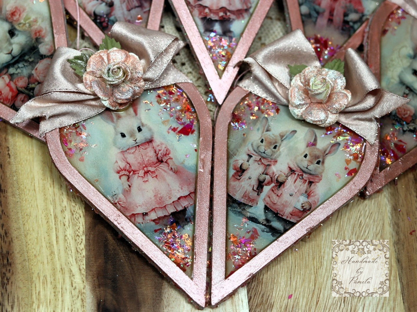 Handcrafted, Laser Cut MDF, Shabby Chic, Decoupage, Mixed Media, Pink Heart Ornament Set of 7, Vintage Style, Bunnies, Bunny Ornament Set 7