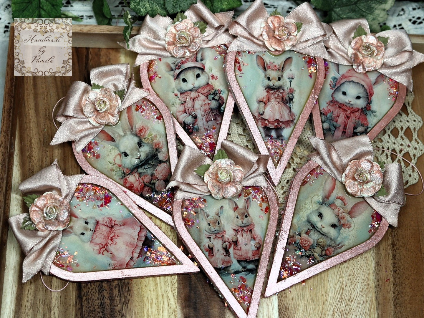 Handcrafted, Laser Cut MDF, Shabby Chic, Decoupage, Mixed Media, Pink Heart Ornament Set of 7, Vintage Style, Bunnies, Bunny Ornament Set 7