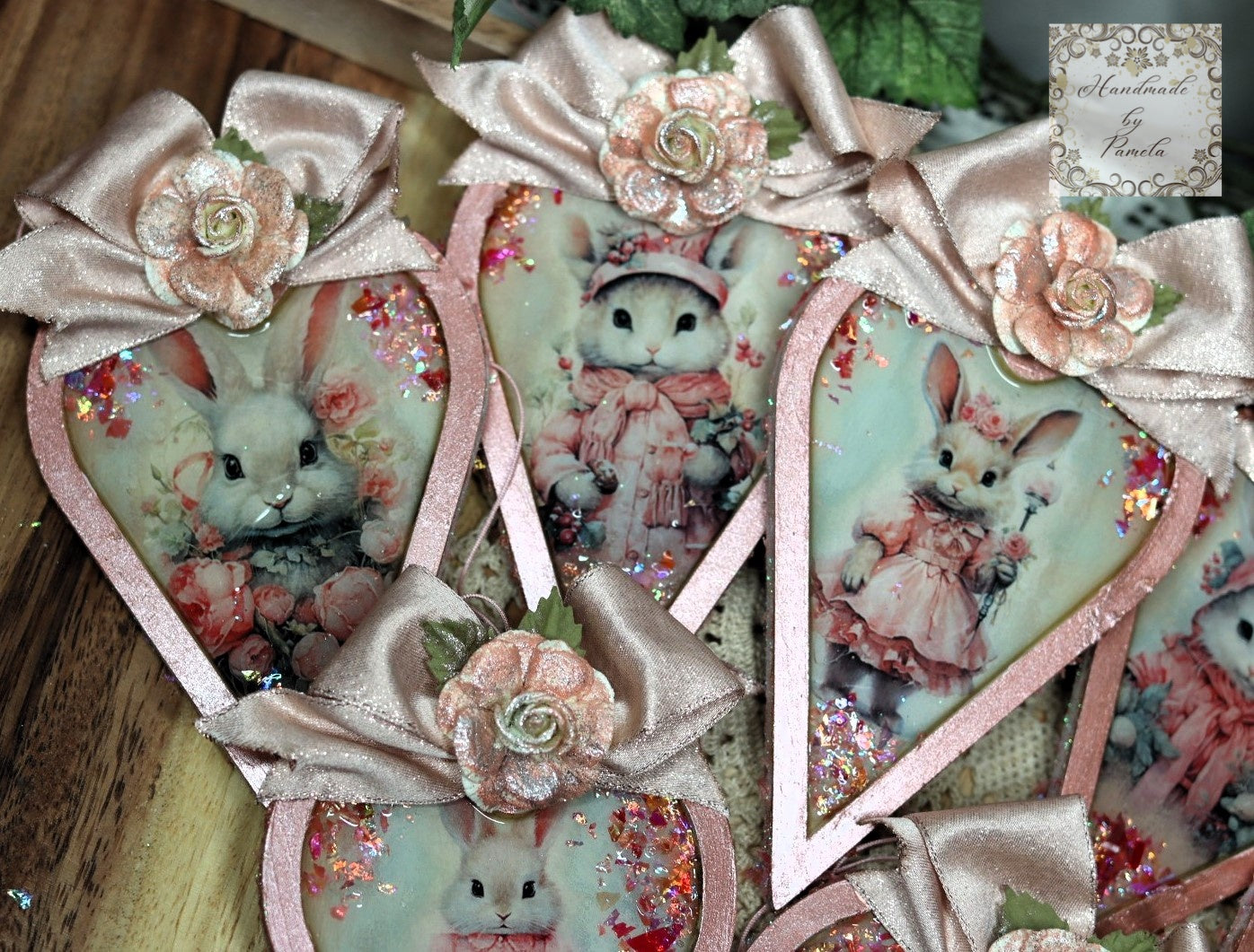 Handcrafted, Laser Cut MDF, Shabby Chic, Decoupage, Mixed Media, Pink Heart Ornament Set of 7, Vintage Style, Bunnies, Bunny Ornament Set 7