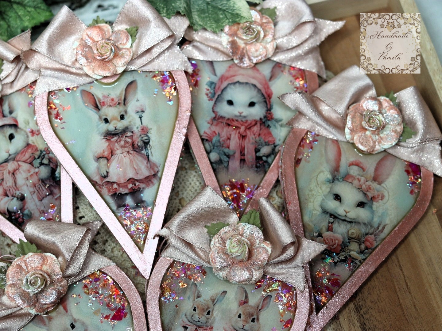 Handcrafted, Laser Cut MDF, Shabby Chic, Decoupage, Mixed Media, Pink Heart Ornament Set of 7, Vintage Style, Bunnies, Bunny Ornament Set 7