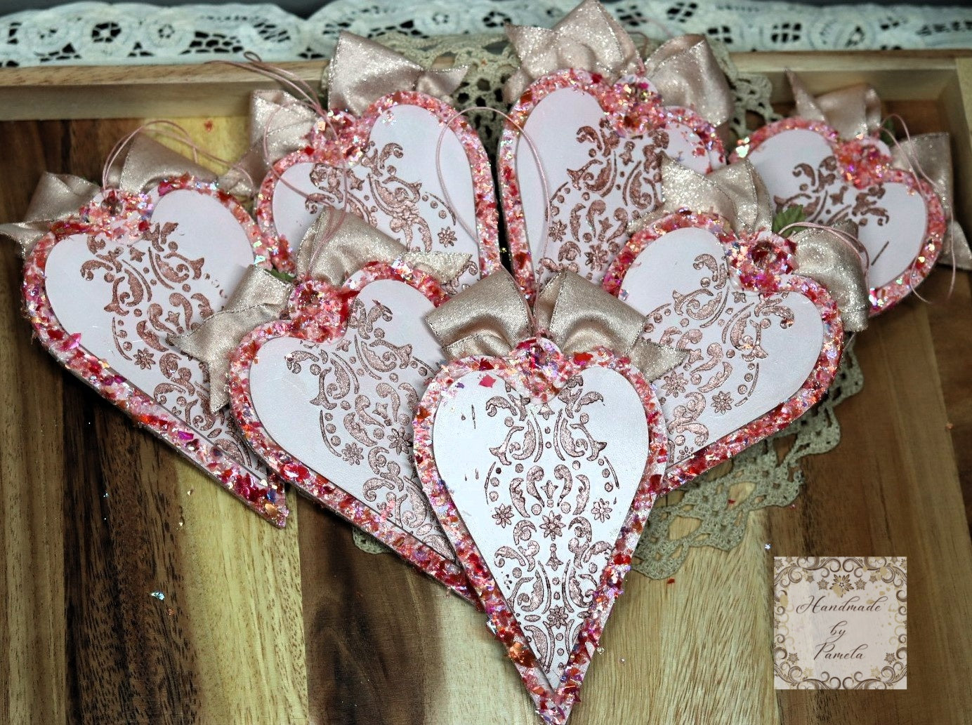 Handcrafted, Laser Cut MDF, Shabby Chic, Decoupage, Mixed Media, Pink Heart Ornament Set of 7, Vintage Style, Bunnies, Bunny Ornament Set 7