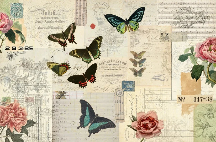 Roycycled Decoupage Tissue Paper, Butterfly Masterboard, Ephemera Collage, Background, Vintage, Antique Style, 20" x 30"