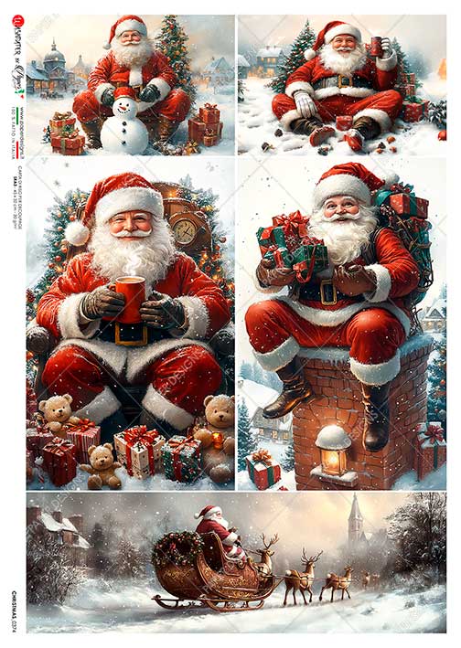 Paper Designs, Rice Paper, 2025 Release, Christmas, Santa Claus, Sleigh, Squares, 0374, A4, 8.3" X 11.7"  Decoupage, Mixed Media