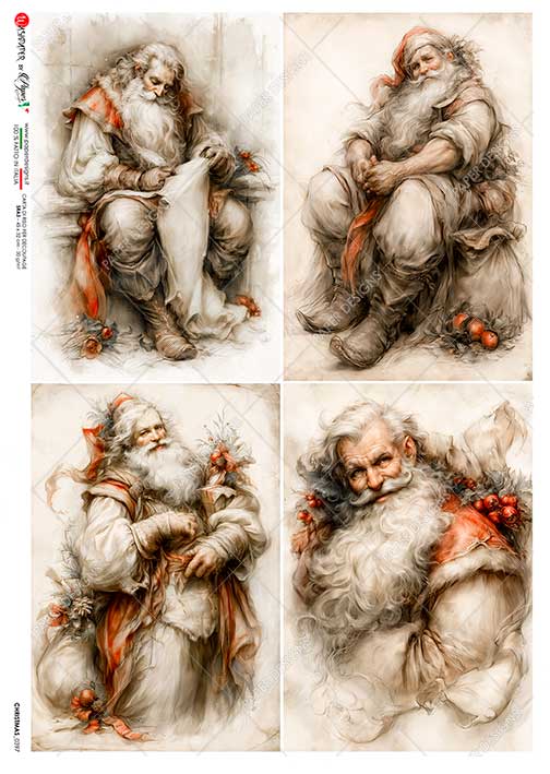 Paper Designs Rice Paper, Decoupage, Victorian Christmas Santa Claus Portrait Squares, A4 8.6” x 12.5”, Decoupage, Mixed Media, Scrapbooking