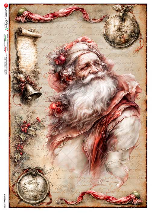 Paper Designs Rice Paper for Decoupage, Victorian Christmas Santa Claus Portrait, A4 8.6” x 12.5”, Decoupage, Mixed Media, Scrapbooking