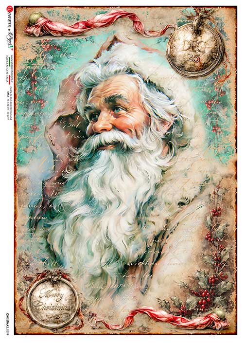 Paper Designs Rice Paper for Decoupage, Victorian Christmas Santa Claus Portrait, A4 8.6” x 12.5”, Decoupage, Mixed Media, Scrapbooking