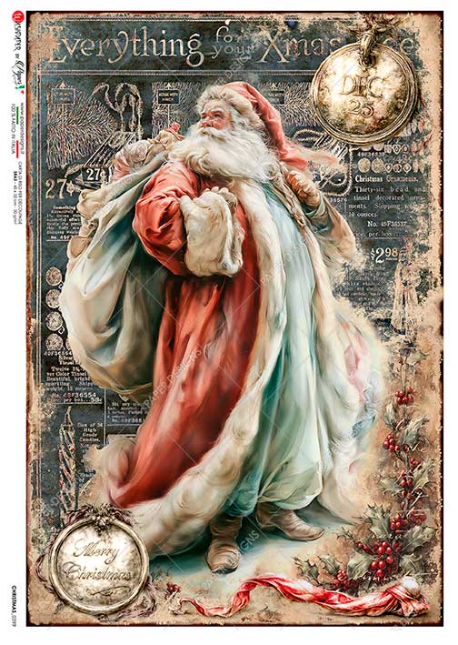 Paper Designs Rice Paper for Decoupage, Victorian Christmas Santa Claus, A4 8.6” x 12.5”, Decoupage, Mixed Media, Scrapbooking