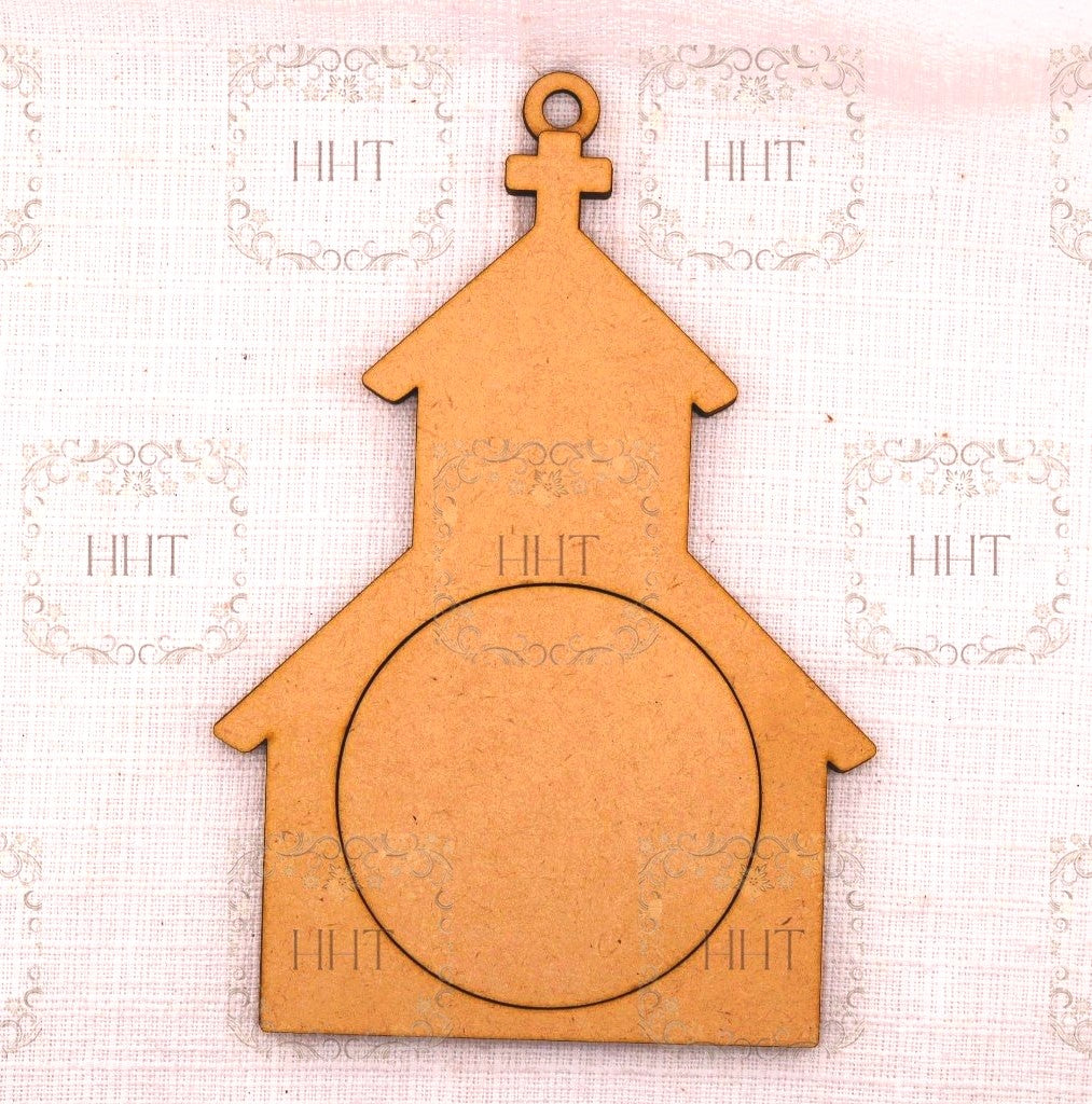 Laser Cut MDF, Christmas Ornament, Church with overlay Frame, Blank, Base, 3 piece, Decoupage, Mixed Media, Crafts, 5" w x 7.5" h