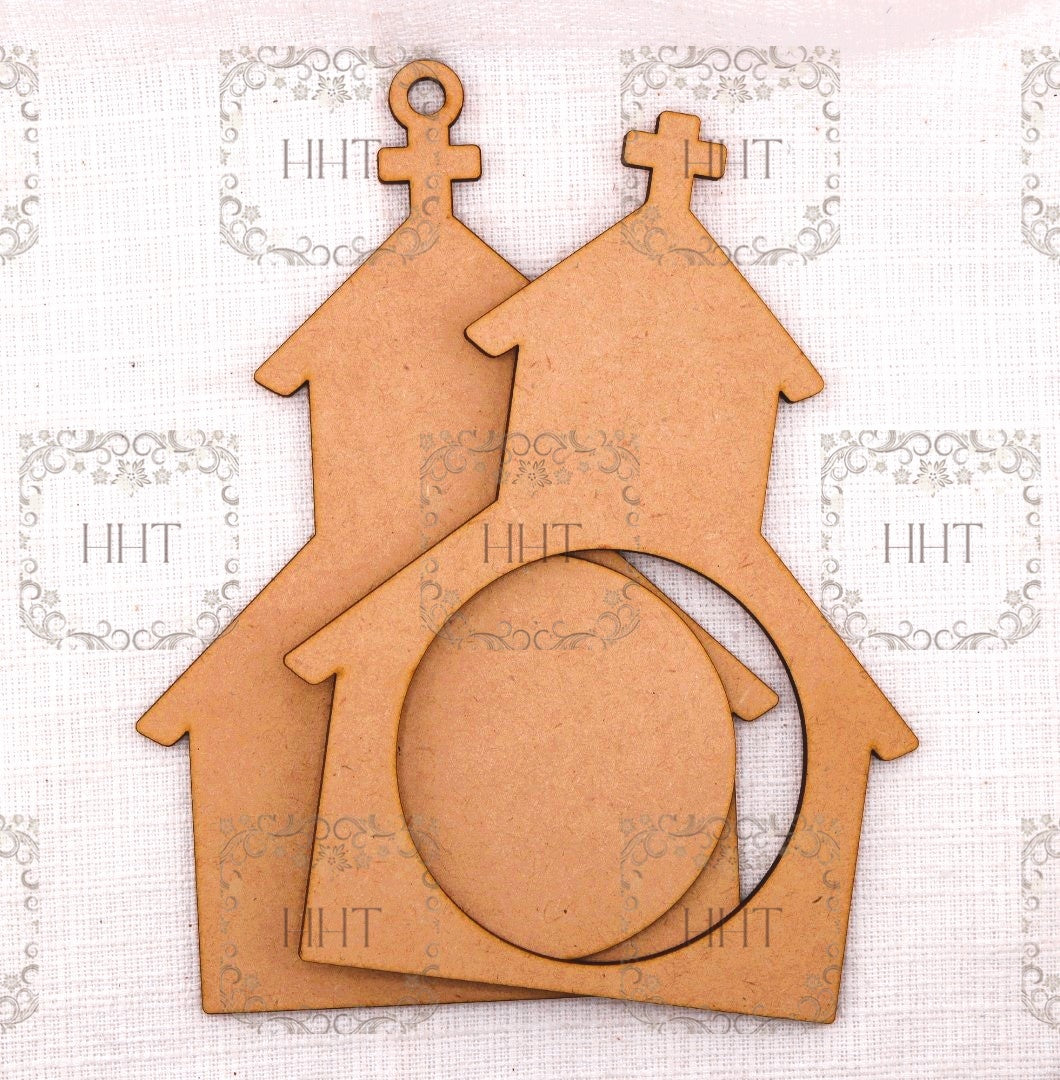 Laser Cut MDF, Christmas Ornament, Church with overlay Frame, Blank, Base, 3 piece, Decoupage, Mixed Media, Crafts, 5" w x 7.5" h