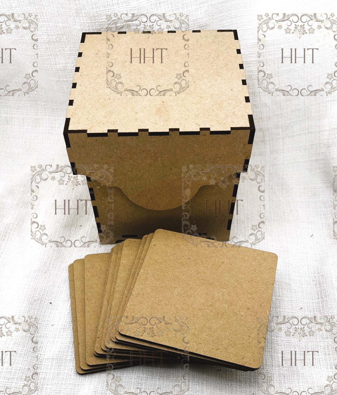 Laser Cut MDF, Set of 10 Coasters with Box and Lid, Decoupage, Mixed Media, Craft Base