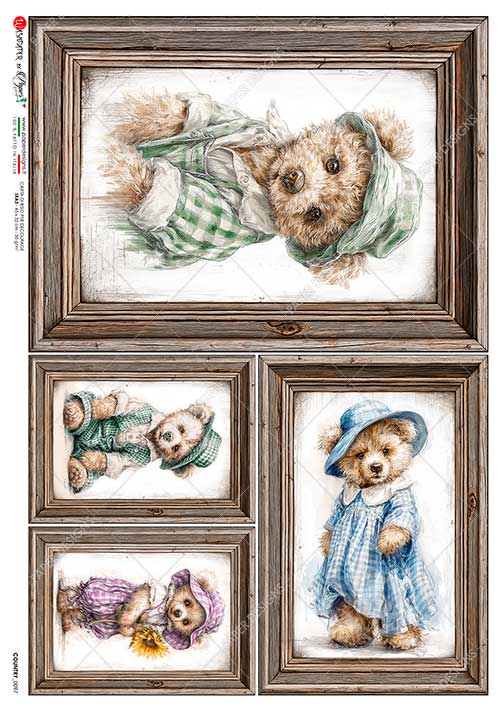 Paper Designs Rice Paper, Framed Dressed Teddy Bears, Vintage Style, Decoupage, Mixed Media, A4, Made in Italy