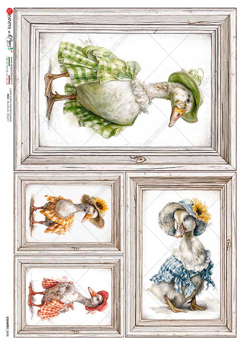 Paper Designs Rice Paper, Framed Dressed Country Geese, Vintage Style, Decoupage, Mixed Media, A4, Made in Italy