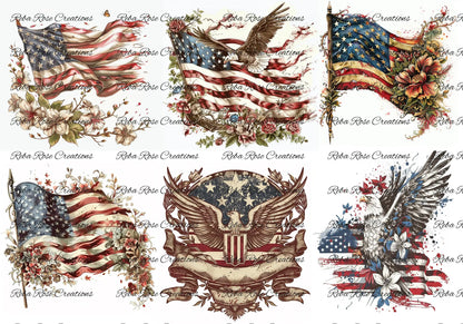 Reba Rose Creations, Rice Paper for Decoupage, Mixed Media, American Flags, Eagle, Cards, Squares, Vintage, Patriotic, CS-19, A4 8.27 X 11.6 Reba Rose