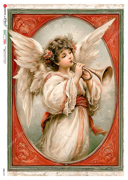 Paper Designs Rice Paper for Decoupage, Victorian Christmas Angel with Trumpet, A4 8.6” x 12.5”, Decoupage, Mixed Media, Scrapbooking