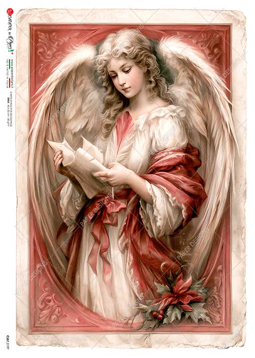 Paper Designs Rice Paper for Decoupage, Victorian Christmas Angel with Scroll, A4 8.6” x 12.5”, Decoupage, Mixed Media, Scrapbooking