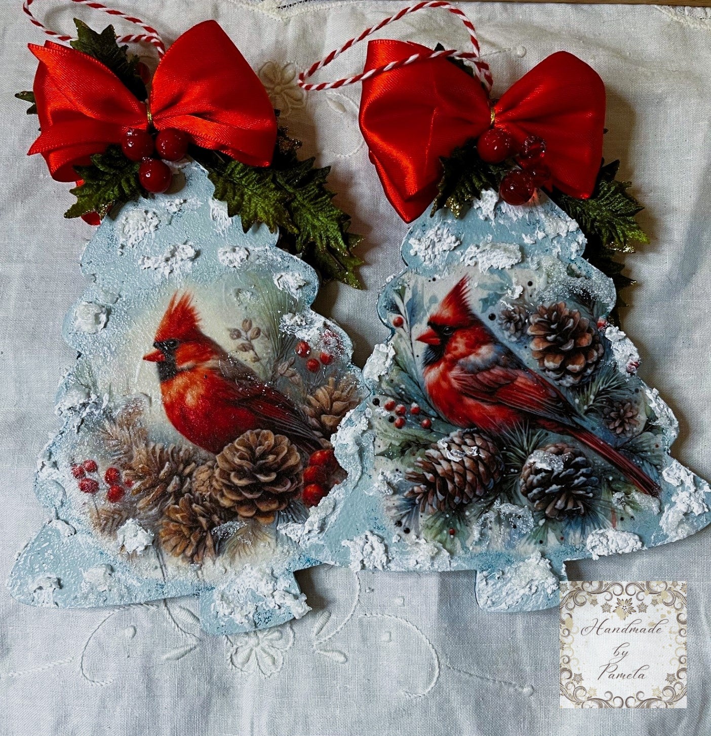 Handcrafted, Shabby Chic, Mixed Media, Set of 2 Reversable Christmas Tree, Cardinal Ornaments on Laser Cut MDF