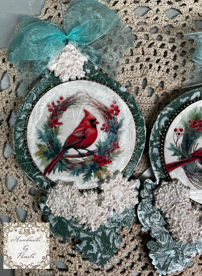 Handcrafted, Laser cut MDF, Christmas Ornament Set of 2, Cardinals, Decoupage, Mixed Media Handmade by Pamela