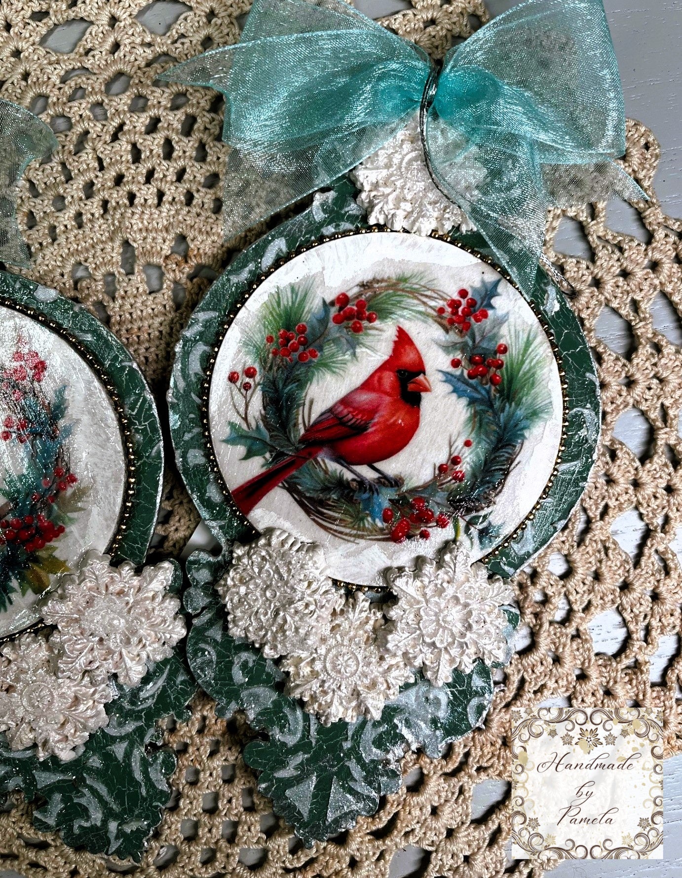 Handcrafted, Laser cut MDF, Christmas Ornament Set of 2, Cardinals, Decoupage, Mixed Media