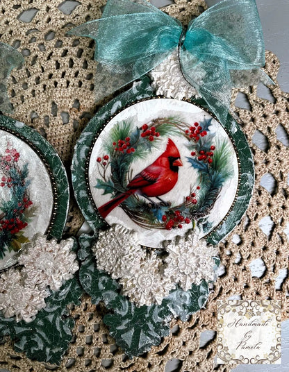 Handcrafted, Laser cut MDF, Christmas Ornament Set of 2, Cardinals, Decoupage, Mixed Media Handmade by Pamela
