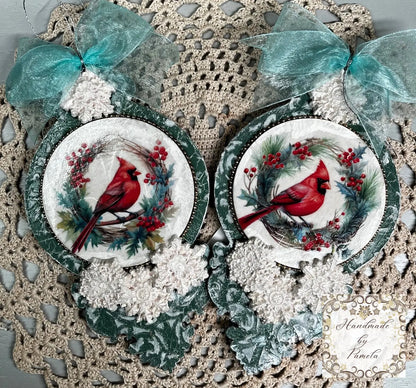 Handcrafted, Laser cut MDF, Christmas Ornament Set of 2, Cardinals, Decoupage, Mixed Media Handmade by Pamela