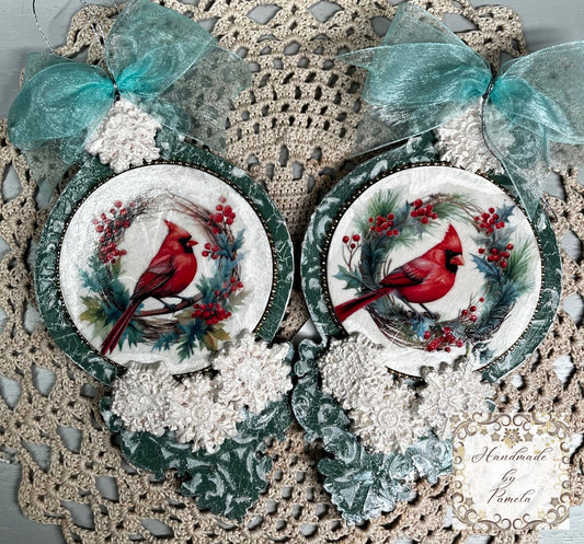 Handcrafted, Laser cut MDF, Christmas Ornament Set of 2, Cardinals, Decoupage, Mixed Media