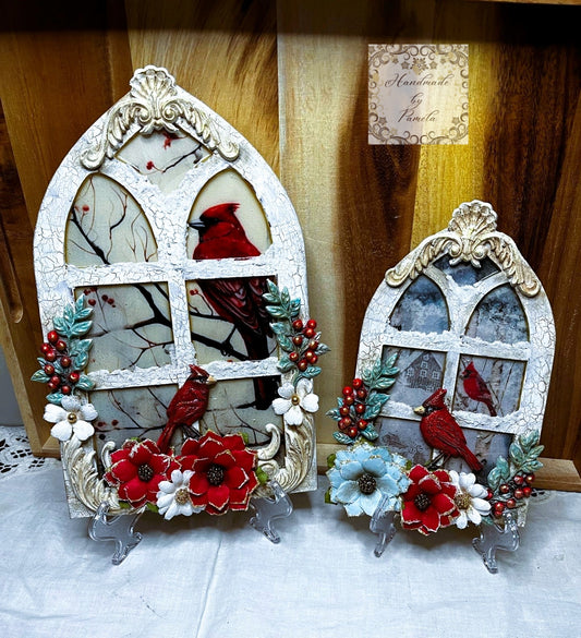 Handcrafted, Laser Cut MDF, Windows with Cardinals Plaques, Wall Decor, Christmas