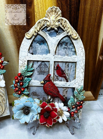 Handcrafted, Laser Cut MDF, Windows with Cardinals Plaques, Wall Decor, Christmas Handmade by Pamela