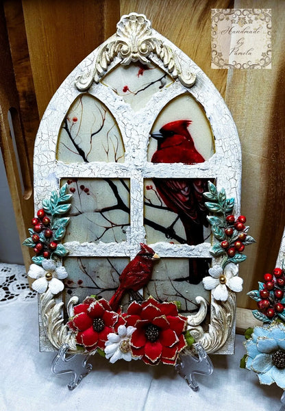 Handcrafted, Laser Cut MDF, Windows with Cardinals Plaques, Wall Decor, Christmas Handmade by Pamela