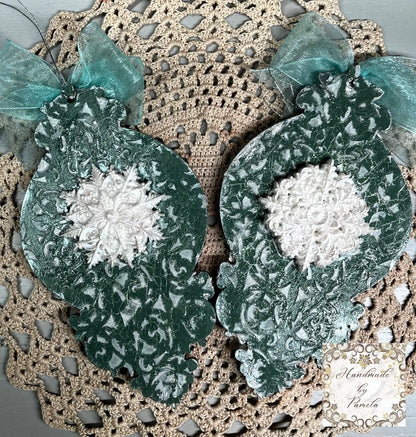 Handcrafted, Laser cut MDF, Christmas Ornament Set of 2, Cardinals, Decoupage, Mixed Media Handmade by Pamela