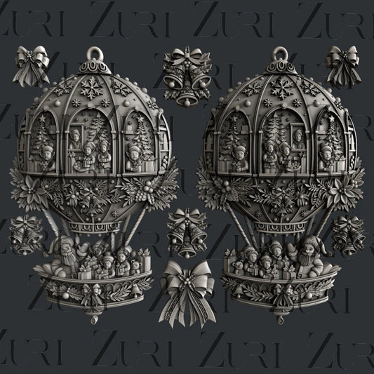 Zuri Silicone Mould, Christmas Ornaments Set 2, Hot Air Balloons, Ribbons, Bells and Bows, 5.9" x 7.2",  Food Saf
