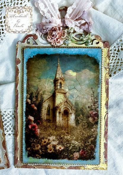 Handcrafted, Decoupage, Mixed Media, Vintage Style Church Panel, Plaques Set of 2, made by Pamela Handmade by Pamela