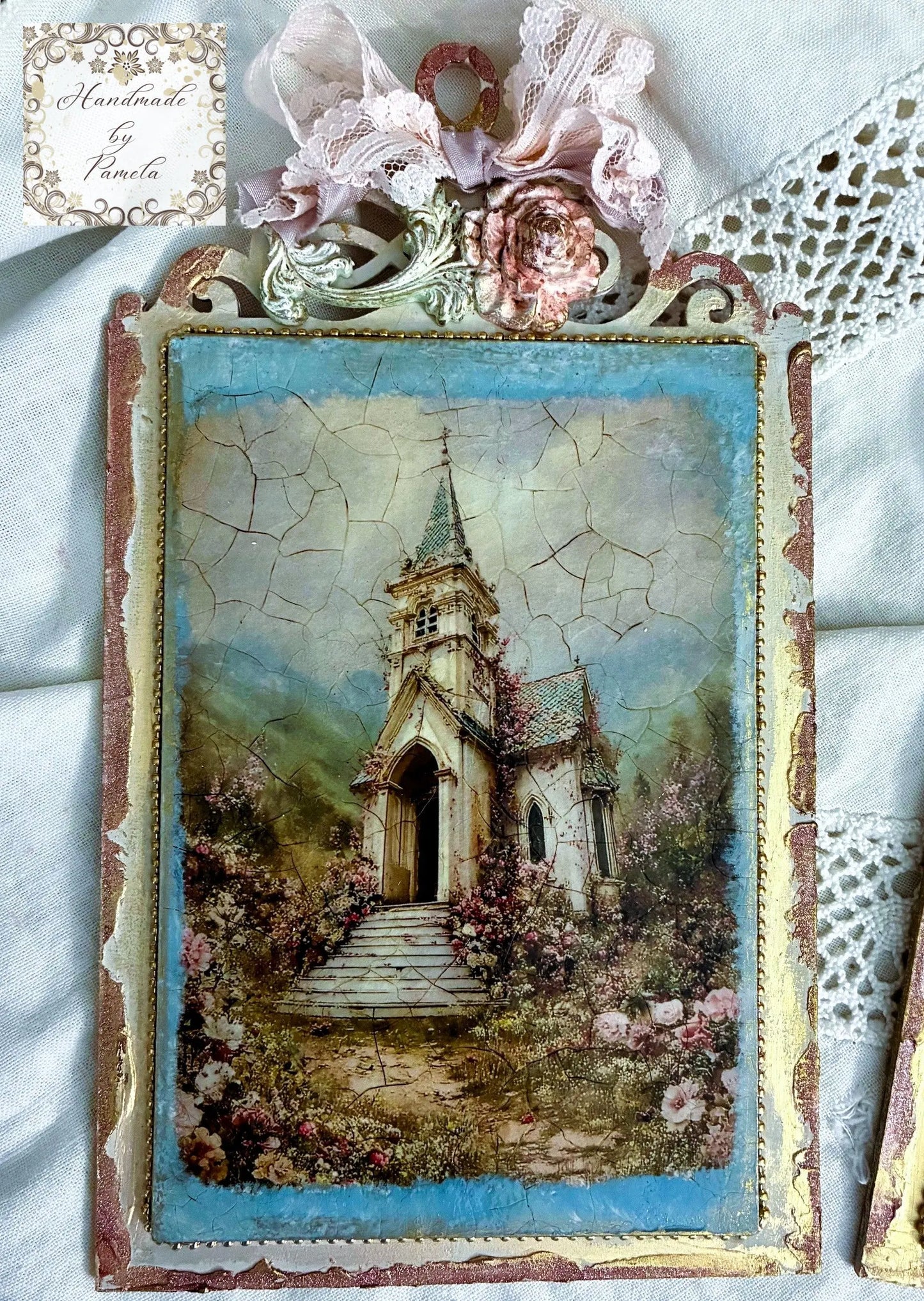 Handcrafted, Decoupage, Mixed Media, Vintage Style Church Panel, Plaques Set of 2, made by Pamela Handmade by Pamela